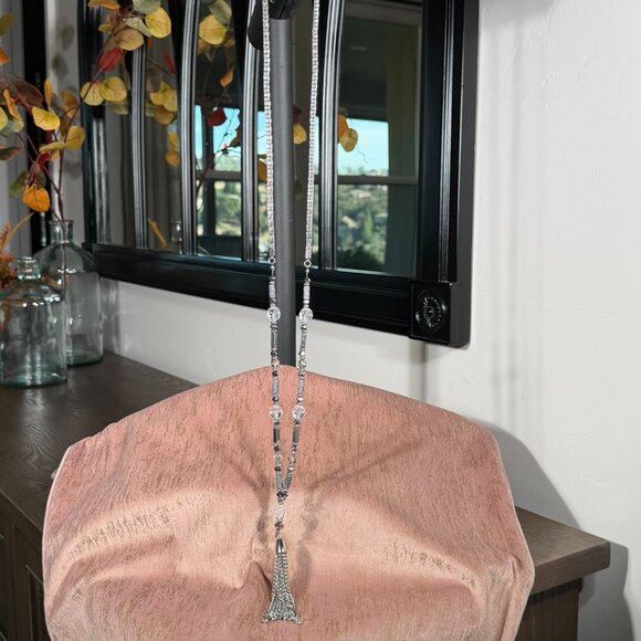 Charming Charlie Silver Beaded Tassel Pendant Necklace — Long Statement Necklace - Picture 1 of 6